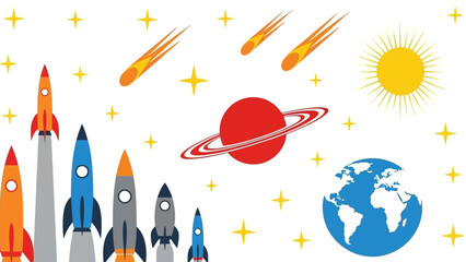 A vibrant cosmic scene featuring rockets launching towards a glowing sun, a ringed planet, and Earth against a backdrop of stars and shooting stars, perfect for space exploration and science themes © Abhinaya Project