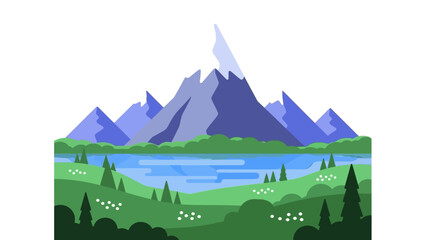 Naklejka premium Peaceful mountain landscape with a serene lake and lush green hills under a clear blue sky, evoking tranquility and natural beauty