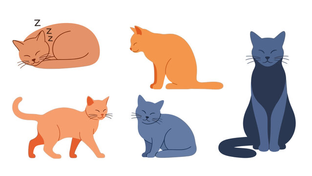 Collection of five cute and colorful cartoon cats in different poses and colors, depicting various feline activities and moods for graphic design and illustrations