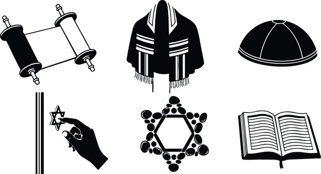 Line art icon set close up of jewish ritual objects torah scroll kippah mezuzah star of david prayer book tallit isolated on white background simple flat