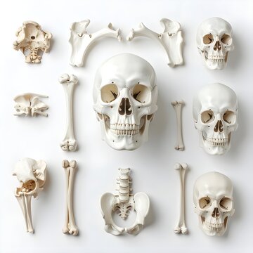assortment of human bones and skulls on white background for medical anatomy study