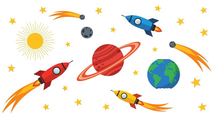 Vibrant illustration of rockets, planets, and stars in outer space, perfect for children's educational content and creative projects