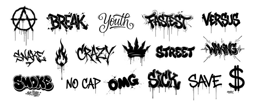 Set of black graffiti style words and symbols