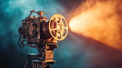 Obraz premium Vintage movie projector beam, smoky background, film nostalgia, movie making