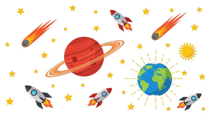 Cosmic journey through the universe, featuring planets, rockets, stars, and meteors in a vibrant illustration