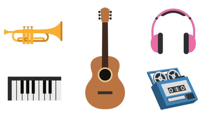 Collection of musical instruments and audio equipment including a trumpet, piano keyboard, guitar, headphones, and tape recorder © Abhinaya Project