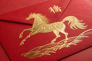 Gold horse design on a red Chinese New Year envelope