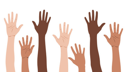 Obraz premium Diverse hands of different skin tones raised in unity and solidarity, representing community and participation