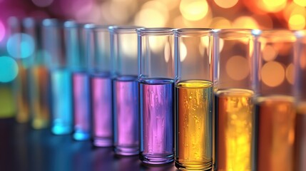 Colorful test tubes with liquids in lab setting.  Possible use Science education, research, or chemistry stock photo