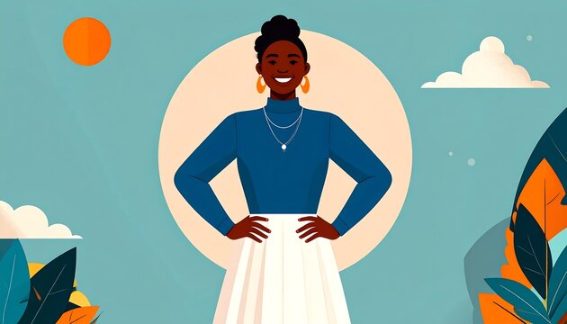 Confident woman with arms akimbo stands out against a bright, sunny, stylized, and colorful nature background