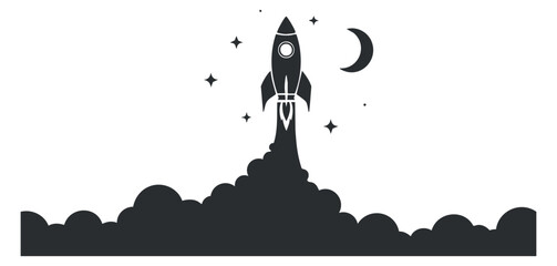 A rocket launching amidst clouds and stars in black and white minimalist vector style, perfect for technology and space-themed projects