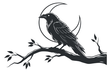 Obraz premium A raven perched on a branch with a crescent moon in black silhouette vector style, perfect for gothic themes and artistic projects