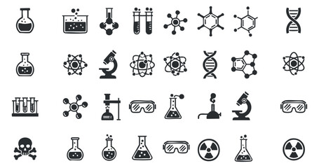 A collection of science and laboratory icons including flasks, test tubes, molecules, and microscopes in black and white vector style, ideal for educational materials and scientific publications