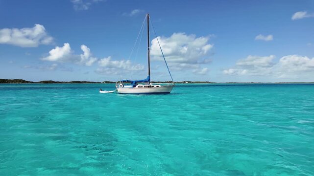 Boat Tour In Exuma Black Point Bahamas. Motorboat Speeding On Tropical Landscape In A Beautiful Day. Shore Sky Beach Sea. Remote Location Beach Scenic Coastline. Exuma Black Point.