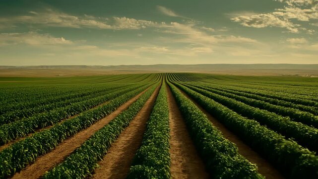 Vast green farmland with rows of crops under a beautiful sky, perfect for agriculture and nature-themed projects.