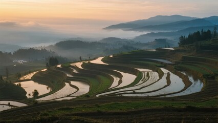Sunrise over terraced rice fields with misty mountains in the background