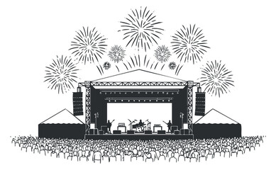 A lively concert scene with a stage, band setup, and fireworks in black and white vector style, perfect for event promotion