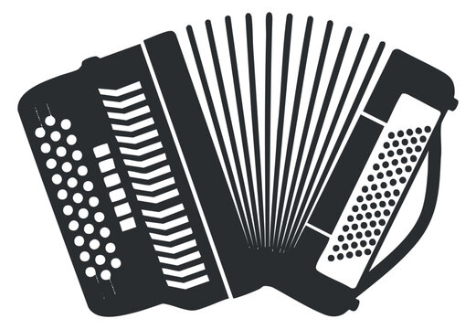 A silhouette of an accordion in black and white vector style, suitable for music-themed designs and illustrations