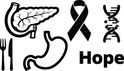 Line art medical icon set showing pancreas stomach dna awareness ribbon fork and knife and hope word in black and white minimal flat design vector illustration