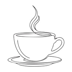 Simple hand drawn illustration of a steaming coffee cup on a saucer