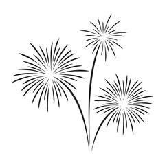 Three fireworks exploding simple black and white line art illustration