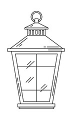 Black and white outline drawing of a vintage hanging lantern