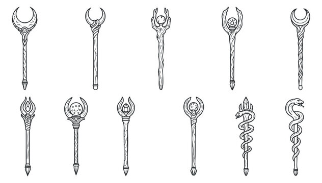 A collection of fantasy magic staffs and wands in detailed black and white line art style, ideal for game design and illustrations