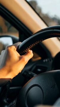 A Close-Up View of a Driver's Hand Gripping the Steering Wheel as the Sunlight Cascades Inside the Car, Capturing the Essence of the Journey Ahead