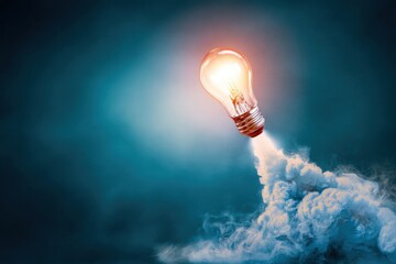 A glowing lightbulb rocket blasts off into the sky with smoke and flames, symbolizing innovation and creativity.