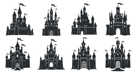 Obraz premium A collection of eight different castle silhouettes with towers and flags in black vector style, ideal for fantasy-themed designs