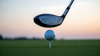 Golf Club Approaching a Golf Ball on a Tee at Sunset