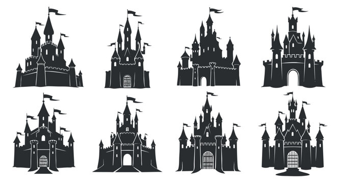 A collection of eight different castle silhouettes with towers and flags in black vector style, ideal for fantasy-themed designs