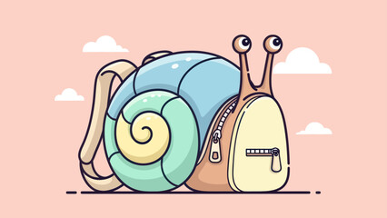 Creative cartoon snail with a zipper on its shell against a pink sky. © wdflm