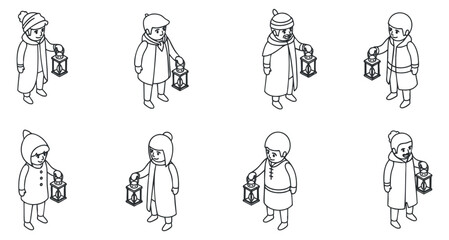 Fototapeta premium A collection of children holding lanterns in various winter outfits, illustrated in minimalist black and white vector style, perfect for seasonal designs