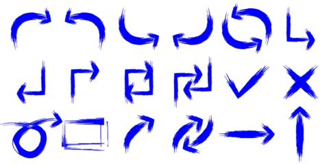 A collection of hand-drawn blue arrows and symbols in various directions and shapes on a white background.