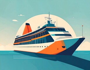 Cruise ship sailing on calm water against a large circular sun, rendered in a clean, modern, illustrative style