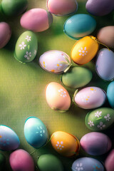 Handmade painted multi coloured easter eggs on a green background.