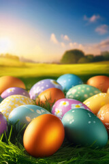 Painted multi coloured easter eggs on a grass nest with sunset landscape spring background. Orange, pink, purple, and blue hand painted designs.