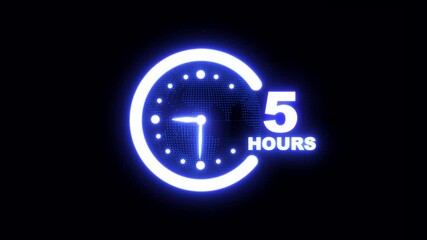 5 hours customer service concept. Nonstop service 5 hours, Worldwide nonstop and full-time available contact of service. Earth planet with glowing clock icon animation on black background. 4K video - Powered by Adobe