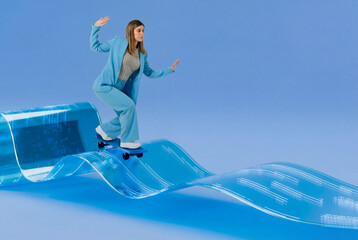 Woman skateboarding over 3D digital waves