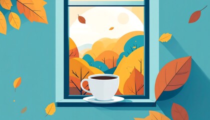 Cup on windowsill with falling leaves, autumn trees, and sun. Cheerful, serene, and warm vector illustration