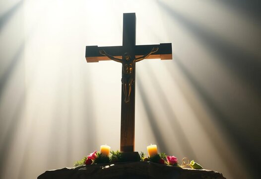 Ein h&ouml;lzernes Kreuz in sanftem Licht, symbolisiert Glaube, Hoffnung und Erl&ouml;sung Spirituelles Element f&uuml;r Andacht und Gedenken,  Glaube,  Geborgenheit
