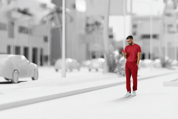 Man in red using phone in 3D white cityscape