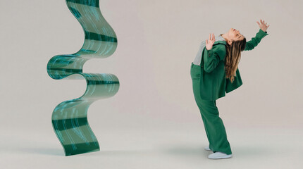 Woman reacts to vertical 3D green waves