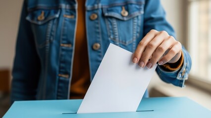 Woman in denim jacket casting her vote into a ballot box