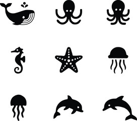 Sea Animals Icon Set with Silhouette Vector Illustrations