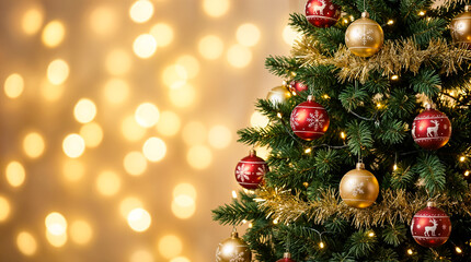 Obraz premium Weihnachtsbaum mit roten und goldenen Kugeln und Lichterkette vor warmem Bokeh-Hintergrund