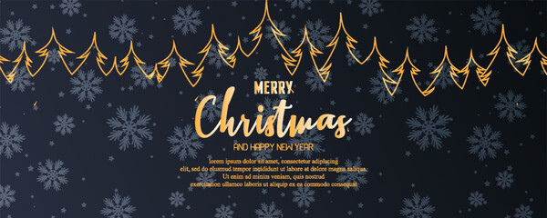 Merry christmas and happy new year banner. Dark horizontal template creative design with luxury golden line christmas tree, snowflake decoration, stars. Suit for poster, flyer, cover, banner, brochure