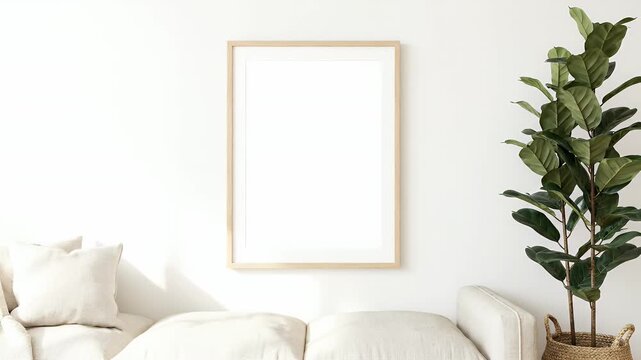 Minimalist Living Room with Blank Frame and Fiddle Leaf Fig Plant.