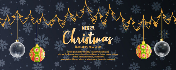 Merry christmas and happy new year banner. Dark horizontal template creative design with luxury golden line christmas tree, snowflake decoration, stars. Suit for poster, flyer, cover, banner, brochure